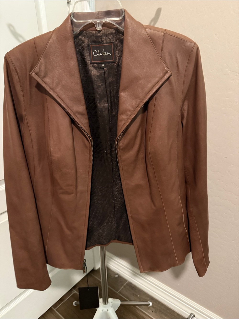 Cole Haan Women's Brown Leather Zip-Front Jacket